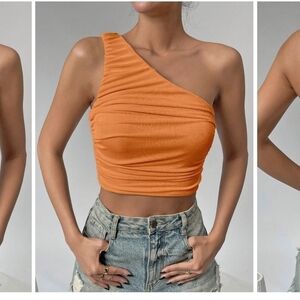 Misguided One Arm Open Shoulder Rouched Crop Top Orange Size 4